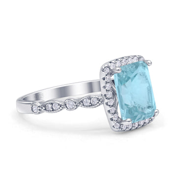 Art Deco Accent Halo Radiant Engagement Ring Simulated Aquamarine 925 Sterling Silver Wholesale